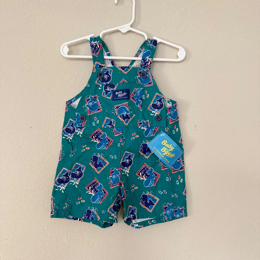 NWT OshKosh B'Gosh Whale Print Shortalls Baby 3/6M Teal Vintage Overalls